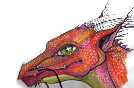 Fantasy dragon head in red-orange scales with a green eye, purple horns and whiskers — HD PC desktop wallpaper/background.
