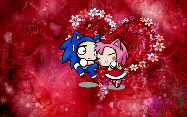 HD PC desktop wallpaper featuring Amy Rose and Sonic the Hedgehog in a cute, chibi-style embrace with a red, heart-themed background.