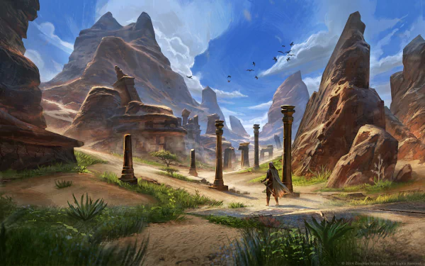 A stunning HD desktop wallpaper from The Elder Scrolls Online, featuring a serene desert landscape with ancient pillars and mountains under a bright blue sky.