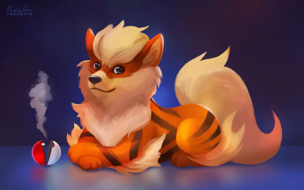 HD PC desktop wallpaper featuring a funny, animated creature resembling a mix between a fox and a tiger, next to a smoking Poké Ball from a video game.