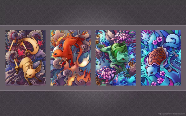HD PC desktop wallpaper featuring vibrant artwork of starter Pokémon Squirtle, Bulbasaur, Charmander, and Pikachu from the Pokémon video game series.