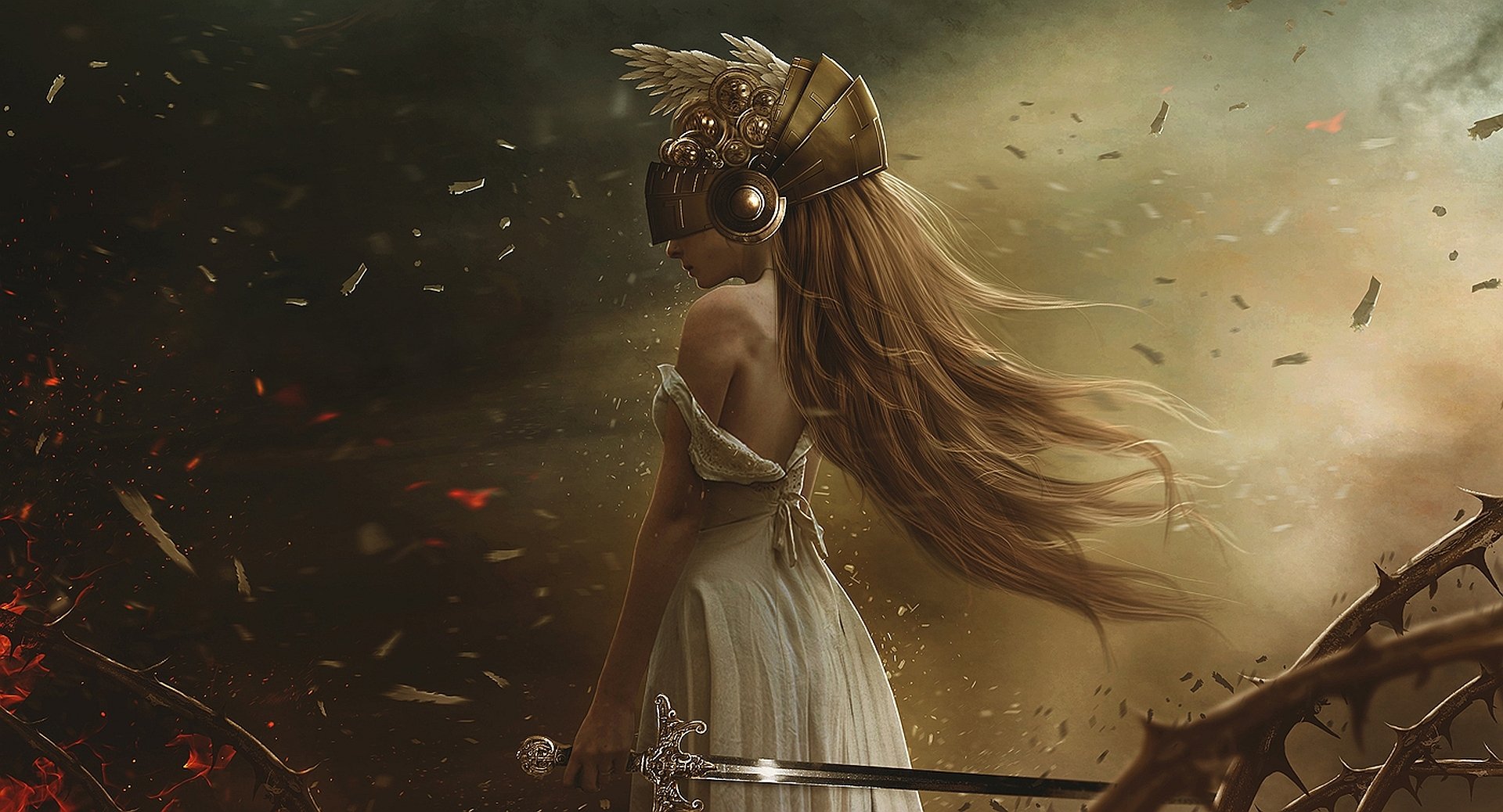 A stunning fantasy wallpaper featuring a woman warrior in a flowing dress, adorned with a helmet and wings, standing poised with her sword amidst a dramatic, swirling background.