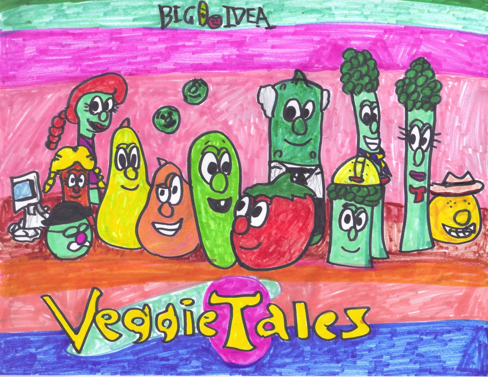 Colorful VeggieTales group portrait as a playful 2K Quad HD PC desktop wallpaper and background: smiling cartoon vegetables against a pink sky, VeggieTales logo at the bottom.