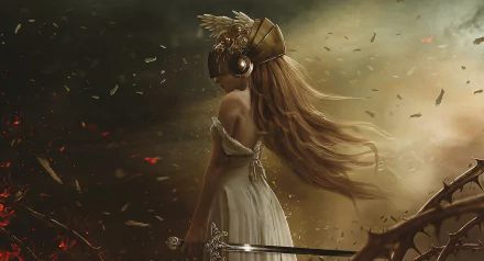 A stunning fantasy wallpaper featuring a woman warrior in a flowing dress, adorned with a helmet and wings, standing poised with her sword amidst a dramatic, swirling background.