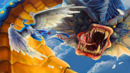 A dynamic HD wallpaper featuring Articuno and Gyarados from Pokémon, set against a vibrant background with dramatic clouds and striking colors. 