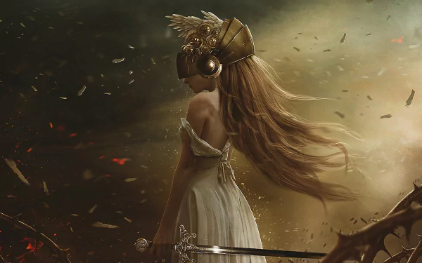 A stunning fantasy wallpaper featuring a woman warrior in a flowing dress, adorned with a helmet and wings, standing poised with her sword amidst a dramatic, swirling background.