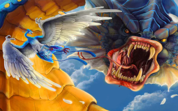 A dynamic HD wallpaper featuring Articuno and Gyarados from Pokémon, set against a vibrant background with dramatic clouds and striking colors. 