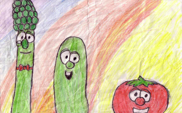 Crayon-style VeggieTales TV show trio — asparagus, cucumber and tomato — smiling on a warm, streaked background. 2K Quad HD PC desktop wallpaper and background.