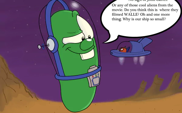HD PC desktop wallpaper featuring a VeggieTales character in space, with a humorous dialogue bubble referencing sci-fi movies.