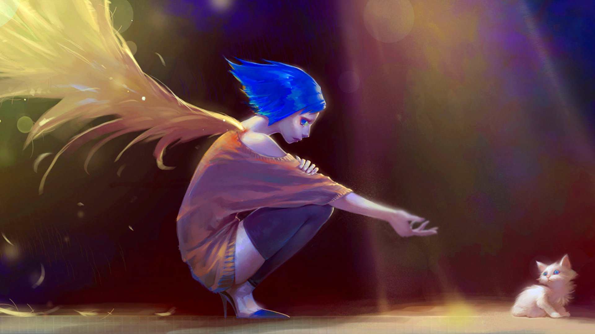 Fantasy HD wallpaper featuring an angelic figure with blue hair reaching out to a kitten under mystical lights.
