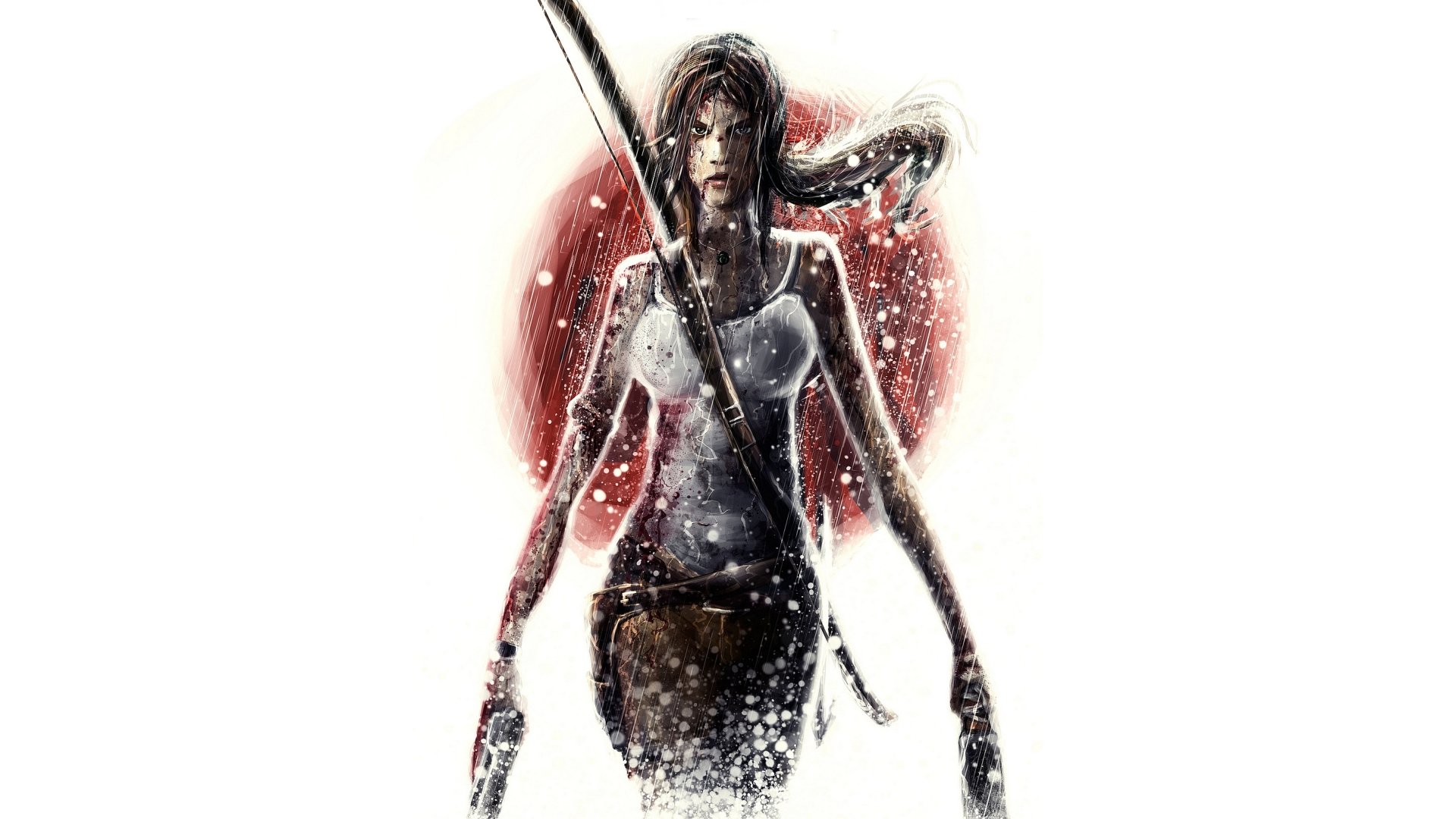 HD PC desktop wallpaper featuring Lara Croft from the Tomb Raider video game, depicted with a bow and pistol against a dynamic red and white background.