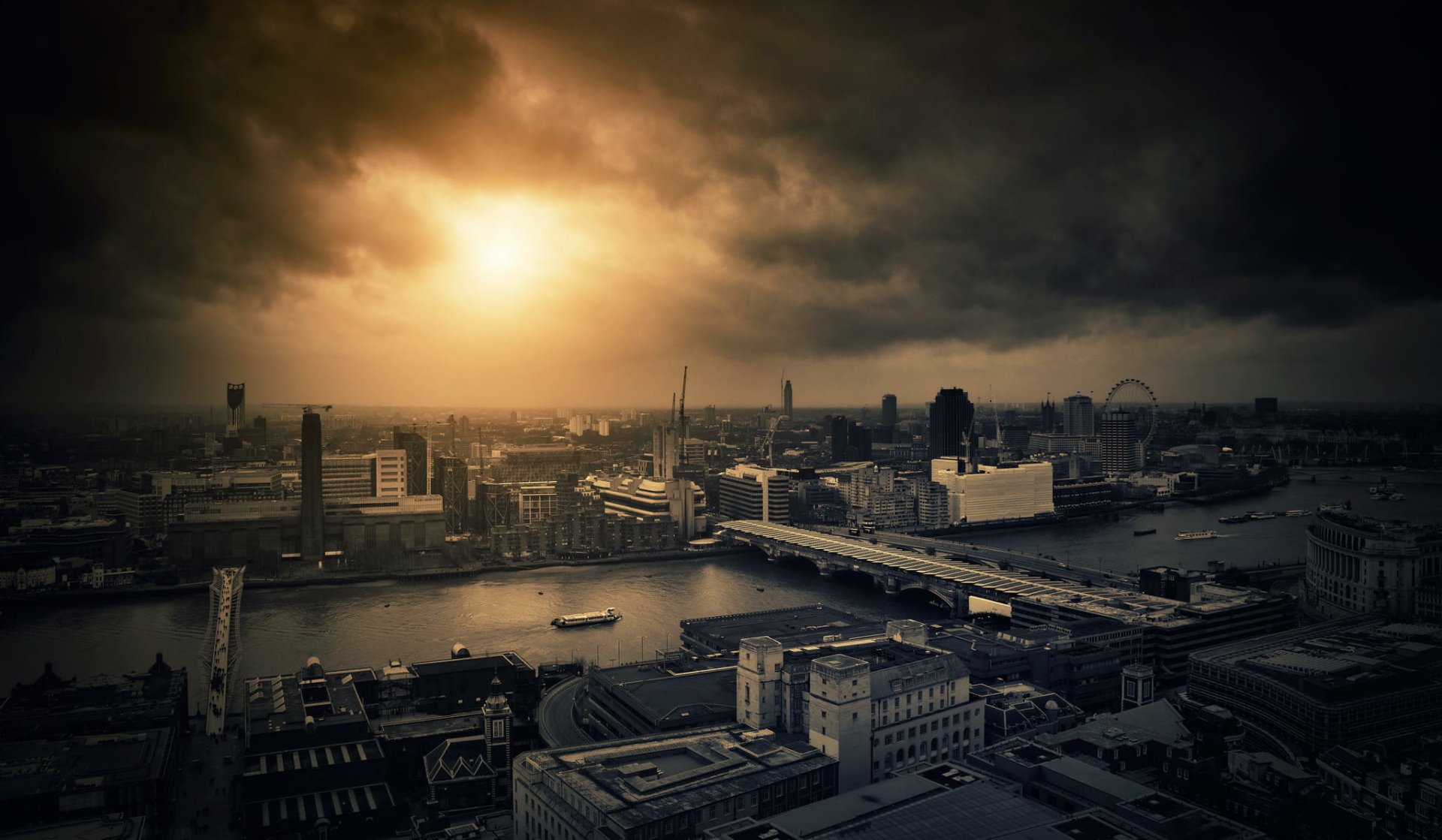 HD desktop wallpaper showcasing a dramatic, moody view of London’s man-made skyline under a cloudy, glowing sky.
