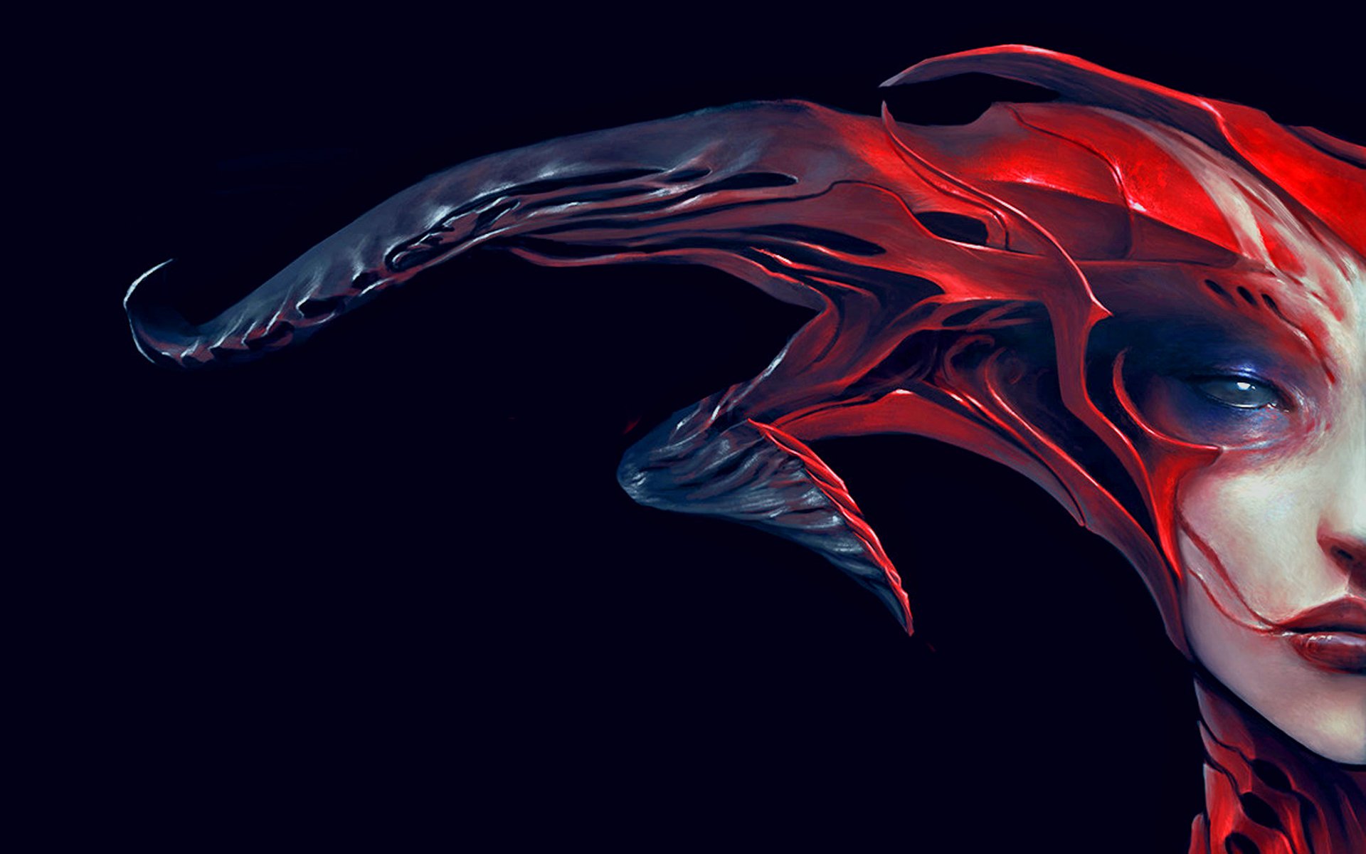 HD fantasy PC wallpaper featuring a close-up of a demon with red and black horned armor against a dark background.