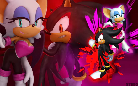 High-definition wallpaper featuring Rouge the Bat and Shadow the Hedgehog from the video game Sonic the Hedgehog (2006), showcasing their dynamic poses against a vibrant backdrop.
