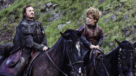 HD desktop wallpaper featuring Jerome Flynn as Bronn and Peter Dinklage as Tyrion Lannister from the TV show Game of Thrones, both on horseback in a grassy landscape.