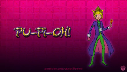 A vibrant HD desktop wallpaper featuring a character from Yu-Gi-Oh! against a pink background, showcasing bold text that humorously spells PU-PI-OH!