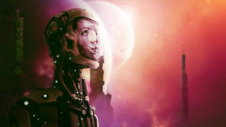 HD sci-fi desktop wallpaper featuring a futuristic woman with a robotic helmet against a glowing, otherworldly background with towering structures and a large moon.