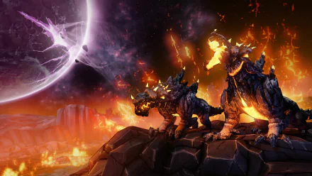 HD PC desktop wallpaper from Borderlands: The Pre-Sequel featuring fiery, armored beast mounts against a volcanic landscape with a glowing planet in the background.