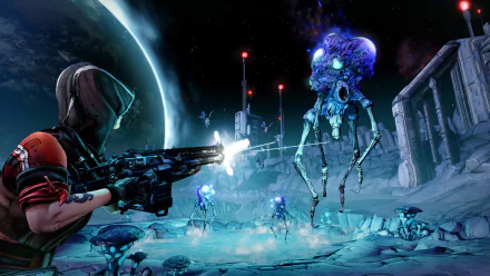 HD PC desktop wallpaper featuring a battle scene from Borderlands: The Pre-Sequel with a character firing at glowing robotic enemies under a dark, moonlit sky.