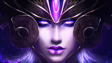 A captivating HD wallpaper featuring Syndra from League of Legends, showcasing her striking features and powerful presence against a mystical purple backdrop.