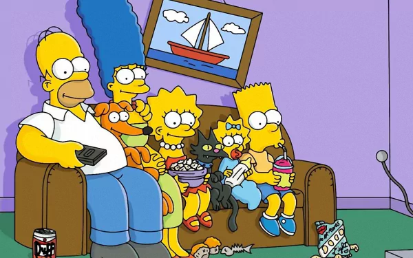 HD PC desktop wallpaper featuring The Simpsons family watching TV, inspired by The Simpsons Movie.