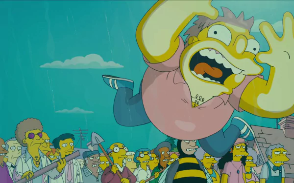 The Simpsons Movie HD PC desktop wallpaper: a frantic Springfield resident lunges toward the camera as a crowd of townspeople with shovels gathers in the rain.