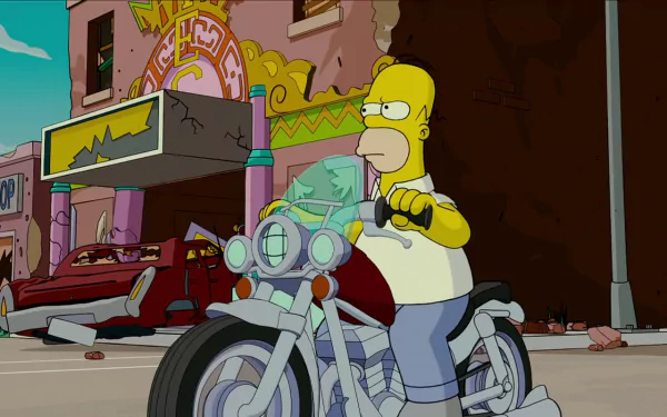 HD PC desktop wallpaper/background from The Simpsons Movie: Homer Simpson rides a motorcycle through a wrecked city street with smashed cars and colorful shopfronts.