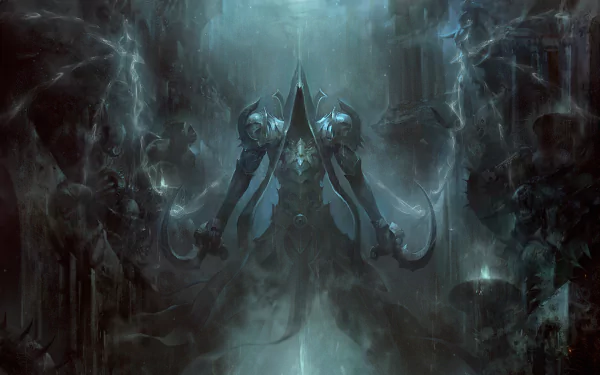 A dramatic HD wallpaper featuring Malthael from Diablo III: Reaper of Souls, showcasing a dark, stormy atmosphere with ethereal lighting and a sense of impending doom.