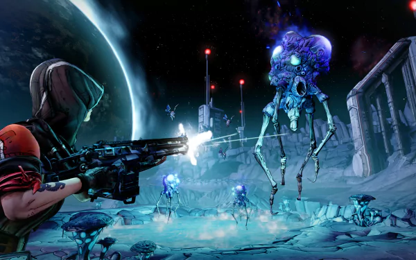 HD PC desktop wallpaper featuring a battle scene from Borderlands: The Pre-Sequel with a character firing at glowing robotic enemies under a dark, moonlit sky.