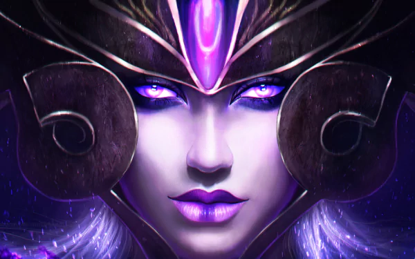 A captivating HD wallpaper featuring Syndra from League of Legends, showcasing her striking features and powerful presence against a mystical purple backdrop.