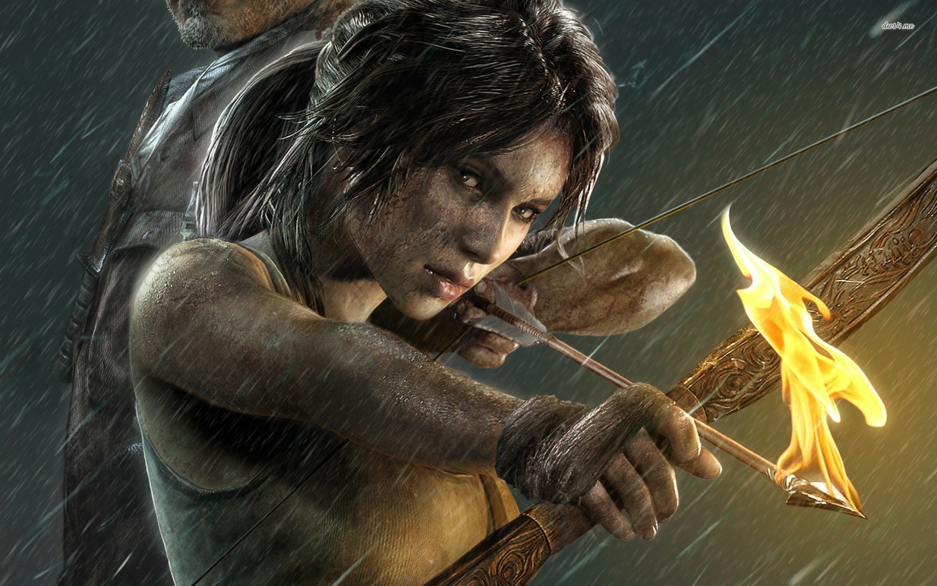 HD PC desktop wallpaper featuring Lara Croft from the video game Tomb Raider, aiming a flaming arrow in a dark, rain-soaked setting.