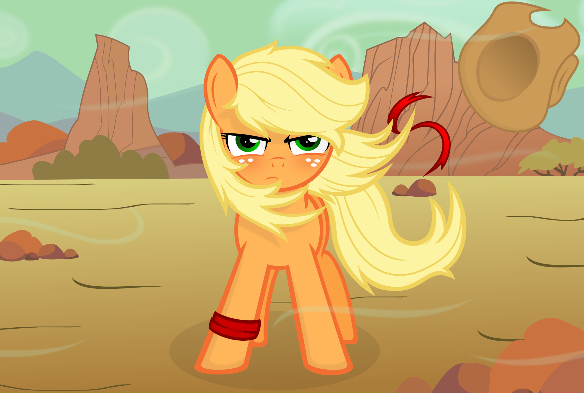 4K Ultra HD desktop wallpaper of Applejack from the TV show My Little Pony: Friendship Is Magic, set against a desert landscape with rock formations.