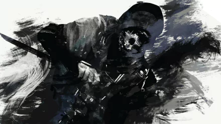 HD desktop wallpaper featuring Corvo Attano from the video game Dishonored, depicted in a dynamic, brush-stroke art style.