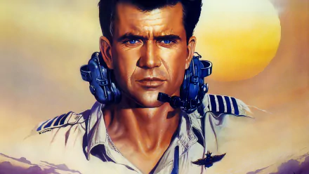 HD PC desktop wallpaper, movie Air America: portrait of a pilot in a headset with epaulets, silhouetted planes and a golden sunset background.
