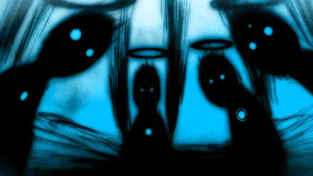 A dark and creepy HD wallpaper featuring shadowy figures with glowing eyes set against a blue background, evoking an eerie atmosphere.