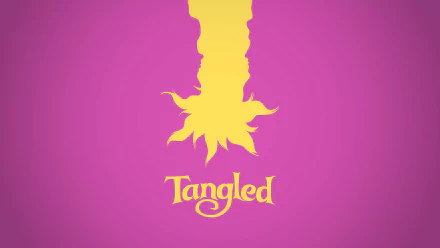 HD PC desktop wallpaper/background for the movie Tangled: magenta backdrop with an upside-down stylized yellow Rapunzel hair silhouette and the Tangled logo centered.