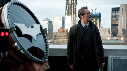 HD PC desktop wallpaper from the movie The Dark Knight Rises featuring a man standing on a rooftop next to a large Bat-Signal against a city skyline backdrop.