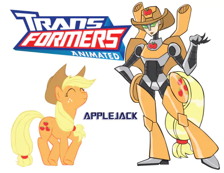 2K Quad HD PC wallpaper: TV-show crossover featuring Applejack (My Little Pony) beside her Transformers Animated-style robot form, logo and name on white background.