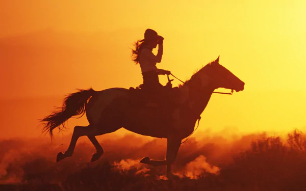 Silhouetted cowgirl riding a galloping horse against a vibrant orange sunset, captured in HD for a striking PC desktop wallpaper background.