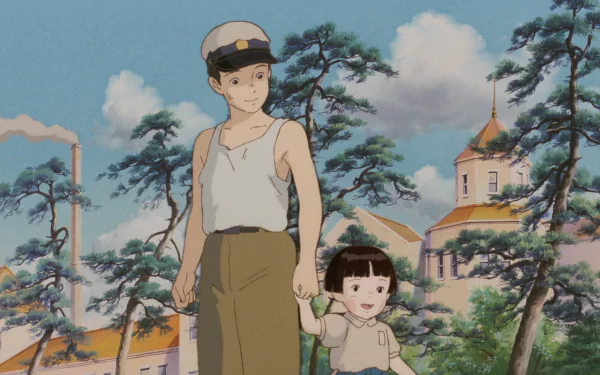 Anime-inspired HD wallpaper from Grave of the Fireflies, featuring two young characters walking hand in hand through a serene landscape with trees and distant buildings.