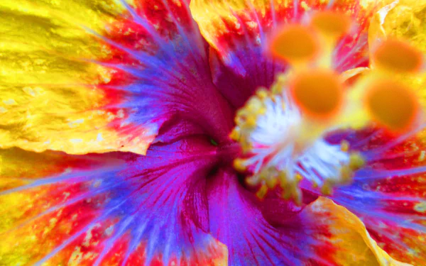 Vibrant close-up of a multicolored flower featuring vivid blues, yellows, and pinks. A beautiful nature-inspired HD desktop wallpaper and background.
