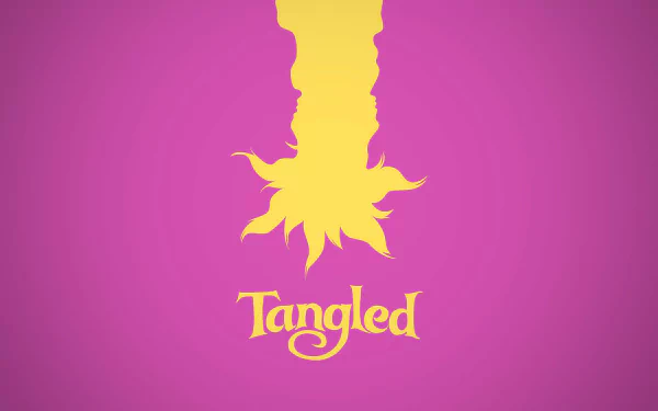 HD PC desktop wallpaper/background for the movie Tangled: magenta backdrop with an upside-down stylized yellow Rapunzel hair silhouette and the Tangled logo centered.
