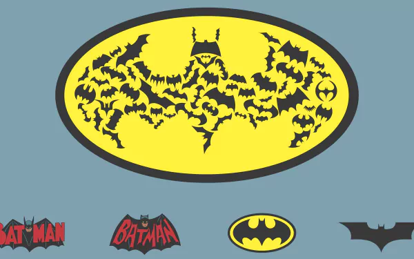 HD PC desktop wallpaper featuring a creative Batman logo made of multiple bats forming the iconic yellow and black Batman symbol from the comic series.