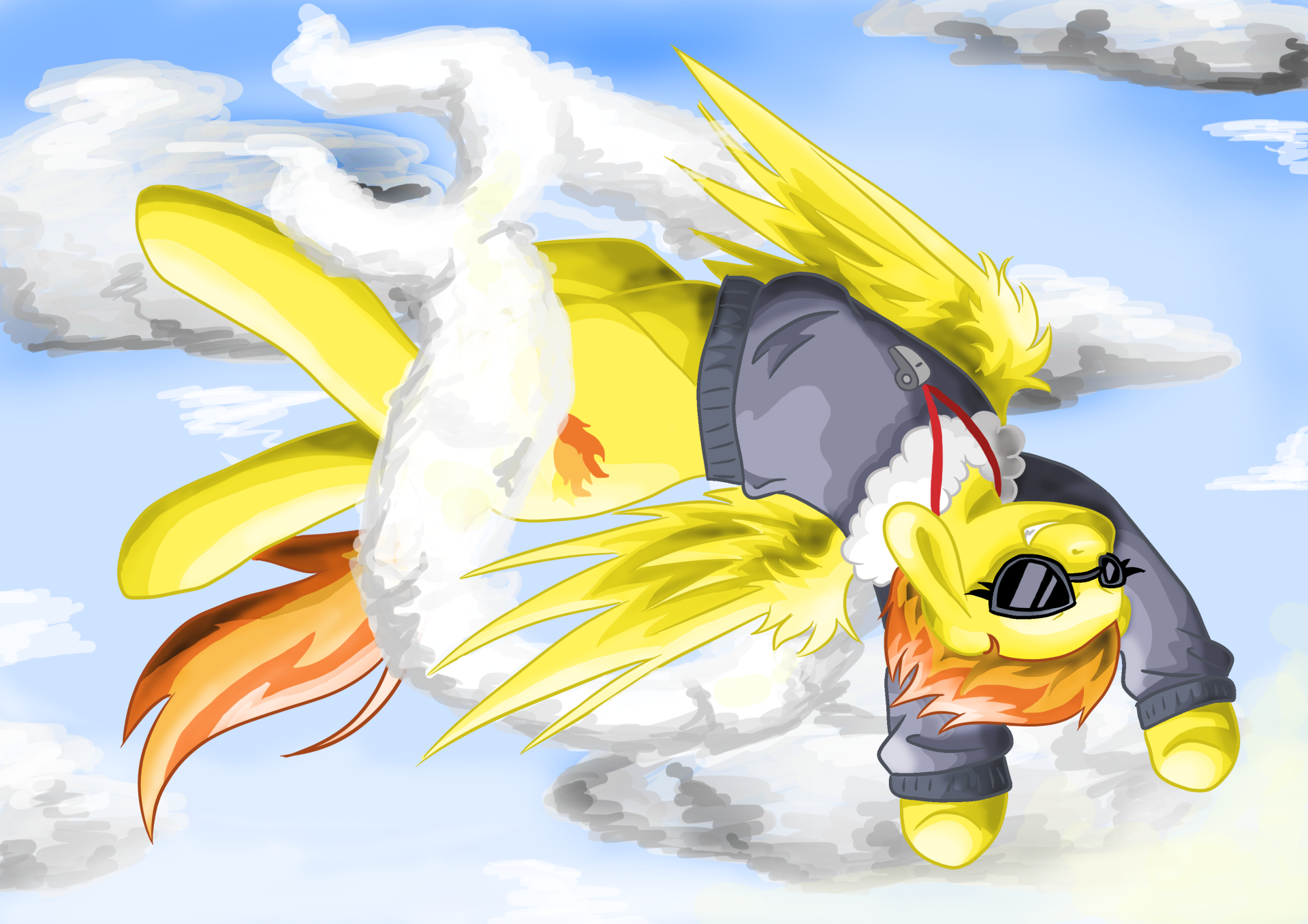 HD PC desktop wallpaper from the TV show My Little Pony: Friendship Is Magic featuring a yellow winged pony wearing sunglasses and a jacket soaring through the clouds.
