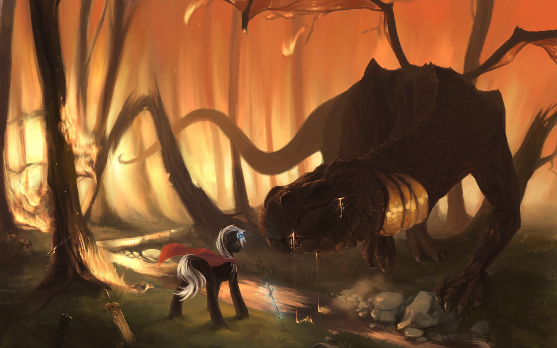 HD desktop wallpaper from the TV show My Little Pony: Friendship Is Magic, featuring a pony facing a large, shadowy spider-like creature in a dark, eerie forest setting.