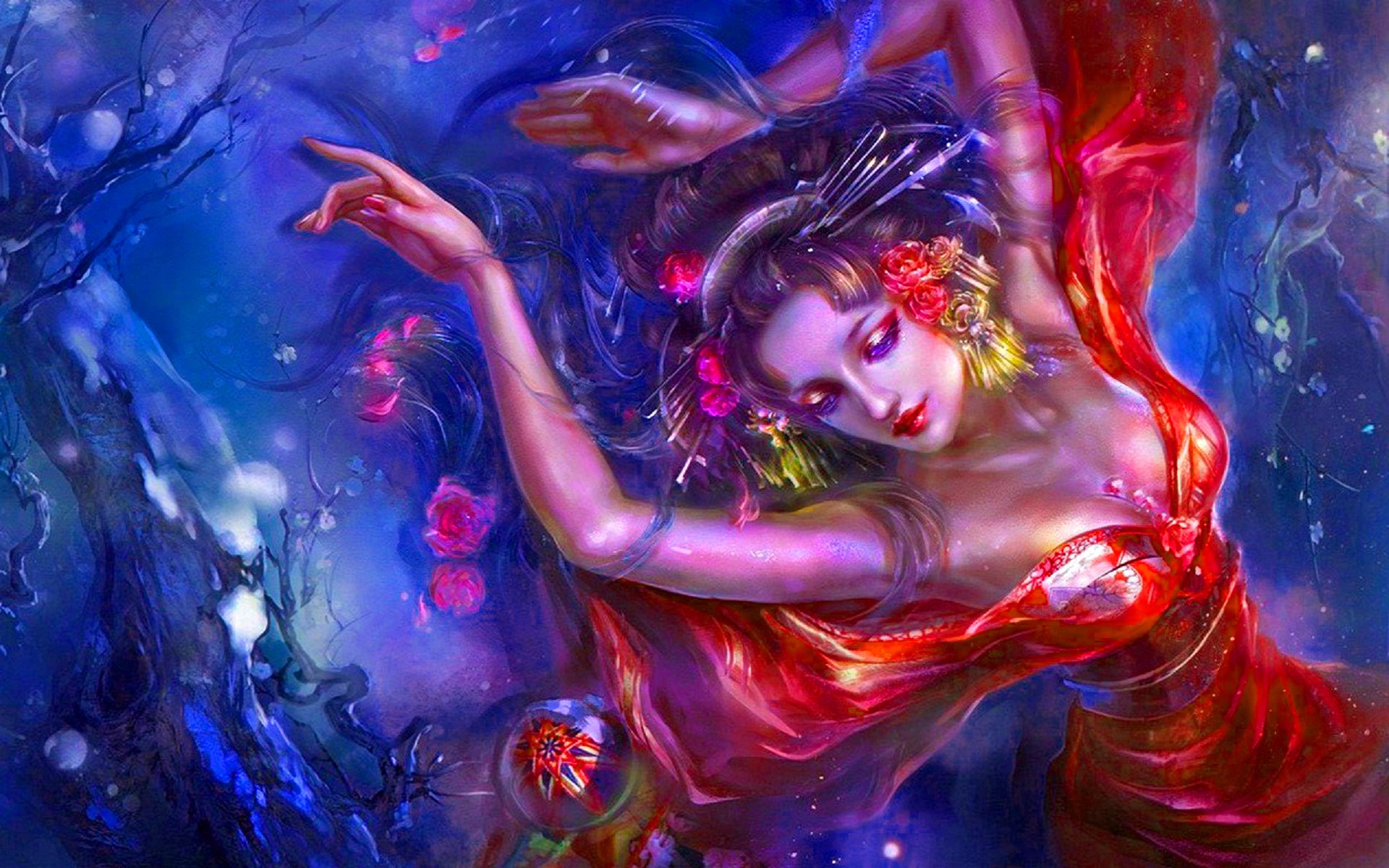 HD fantasy PC desktop wallpaper featuring a graceful woman in a flowing red dress surrounded by ethereal blue and purple hues, with glowing floral accents.