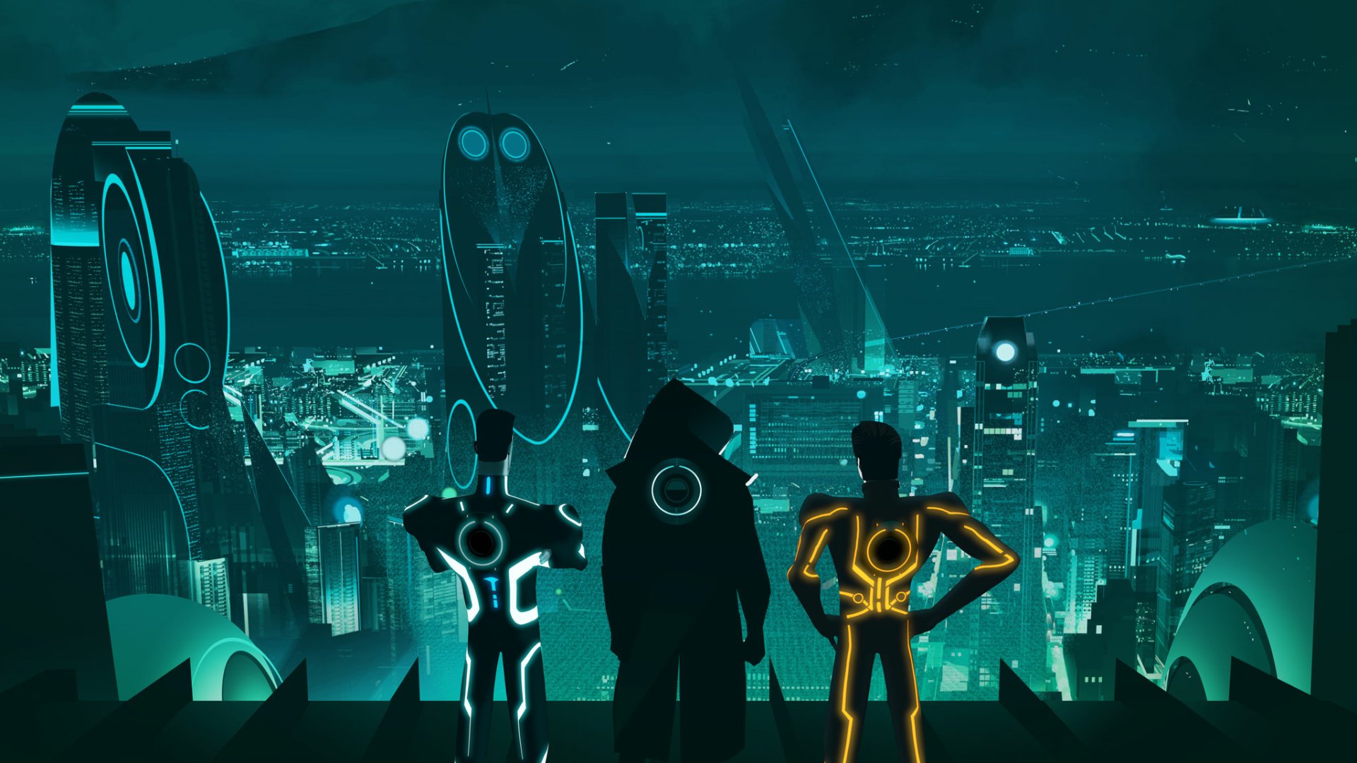 TV show Tron: Uprising HD PC desktop wallpaper: three glowing, circuit-clad figures stand on a rooftop, overlooking a neon cybercity skyline.