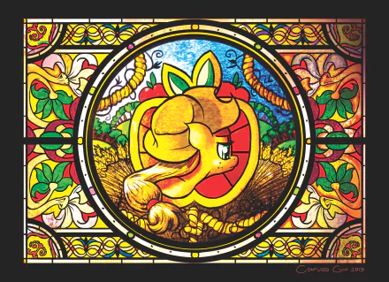 Stained-glass style HD PC desktop wallpaper background of Applejack (My Little Pony: Friendship Is Magic TV show), circular medallion portrait with apples, wheat and bright colors.