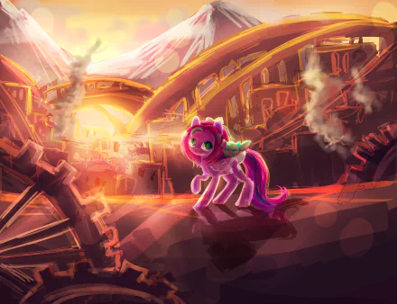 HD PC desktop wallpaper from the TV show My Little Pony: Friendship Is Magic — a purple pony with green mane stands on a rooftop amid a glowing orange industrial sunset with rising steam.