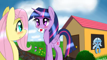 HD desktop wallpaper of My Little Pony: Friendship Is Magic — Twilight Sparkle holding a heart note, Fluttershy nearby, Rainbow Dash and Trixie visible around a colorful barn scene.